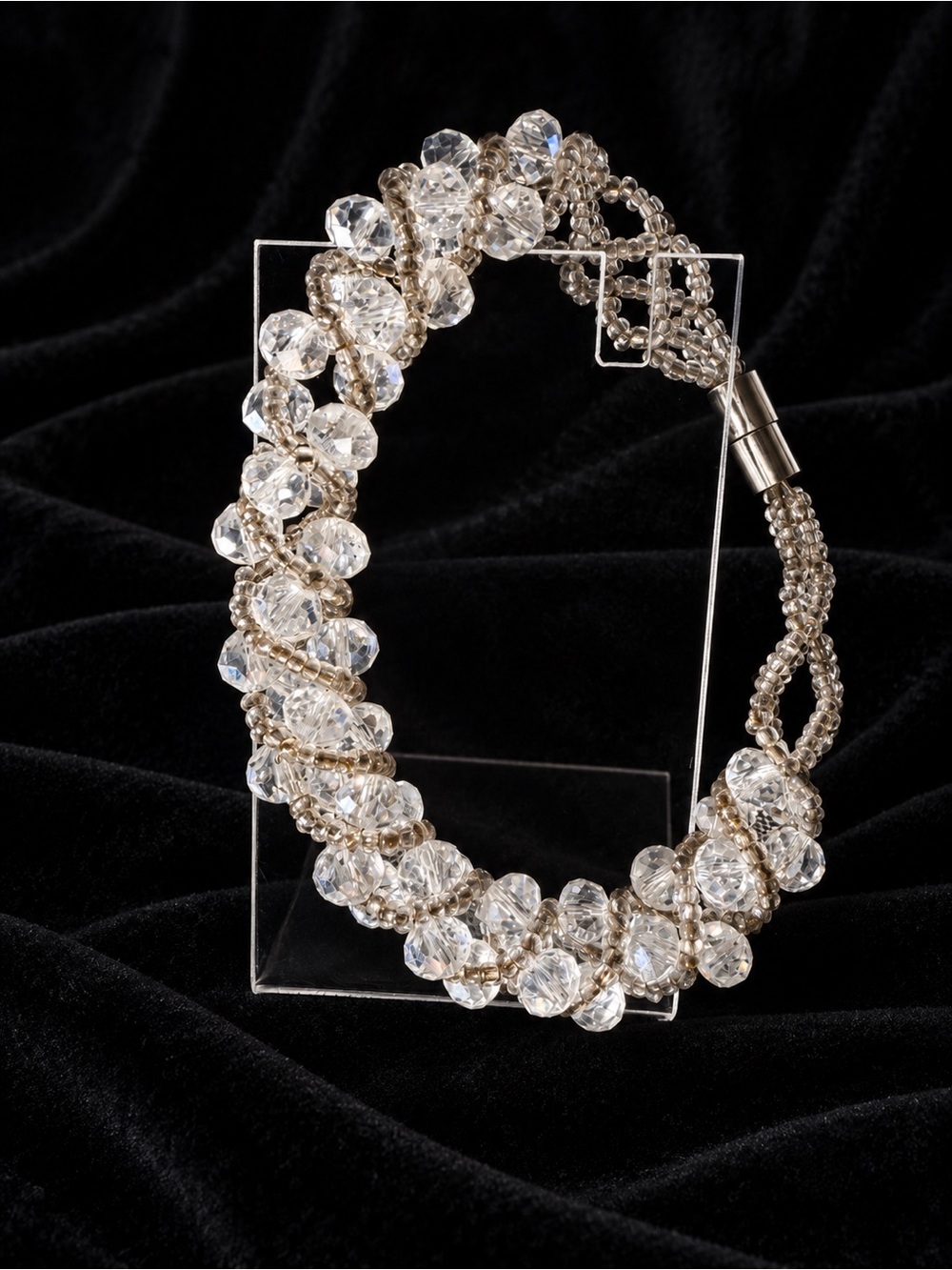 Silver Crystal Beaded Bracelet in Acrylic with Magnetic Closure